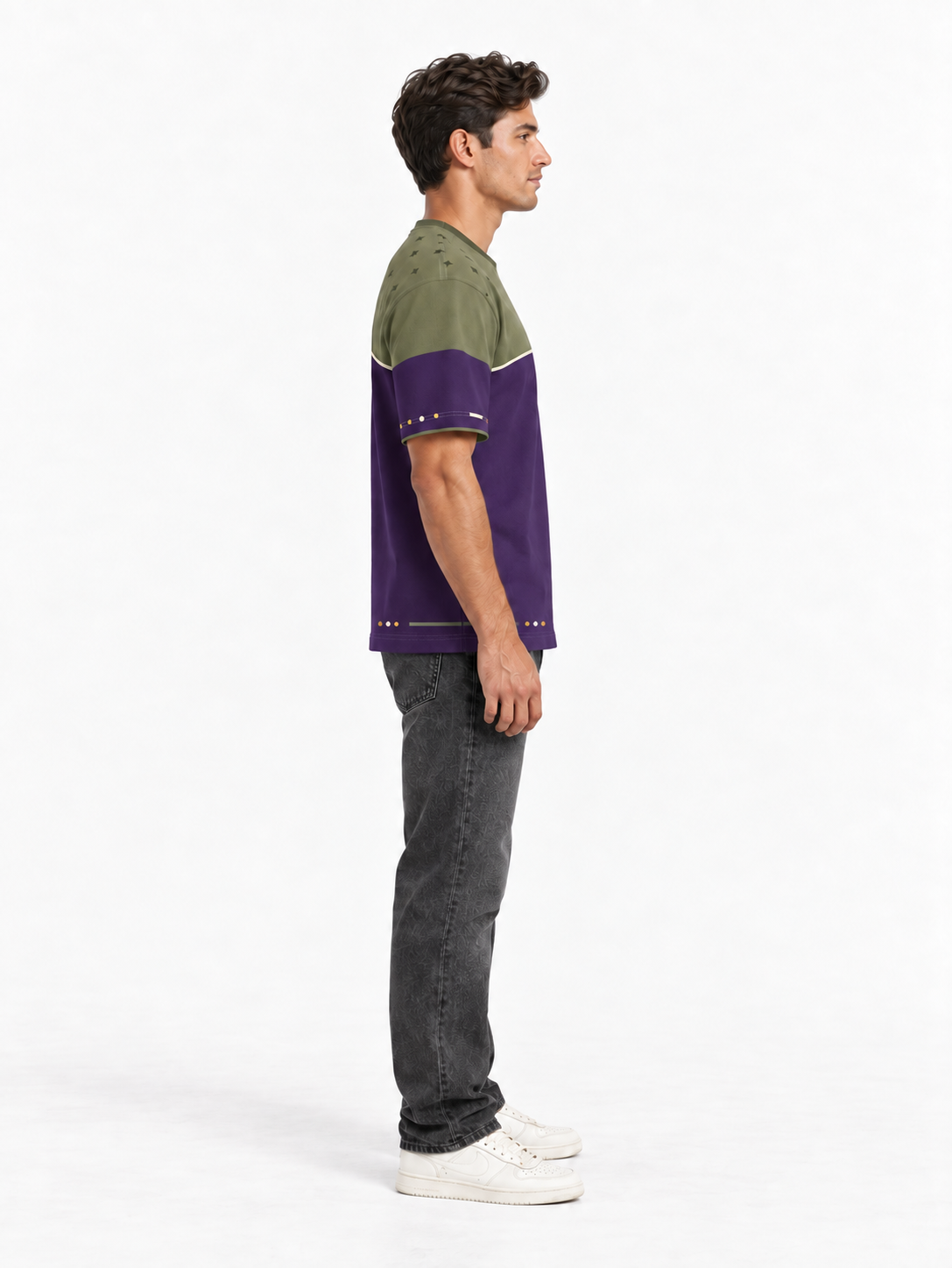 Olive Amethyst Boxy Cotton T-Shirt — side model styling illustration