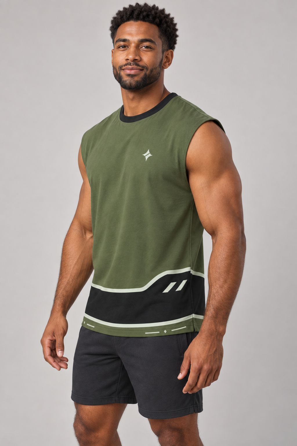Olive Ink sleeveless cotton T-shirt – side on-model styling illustration
