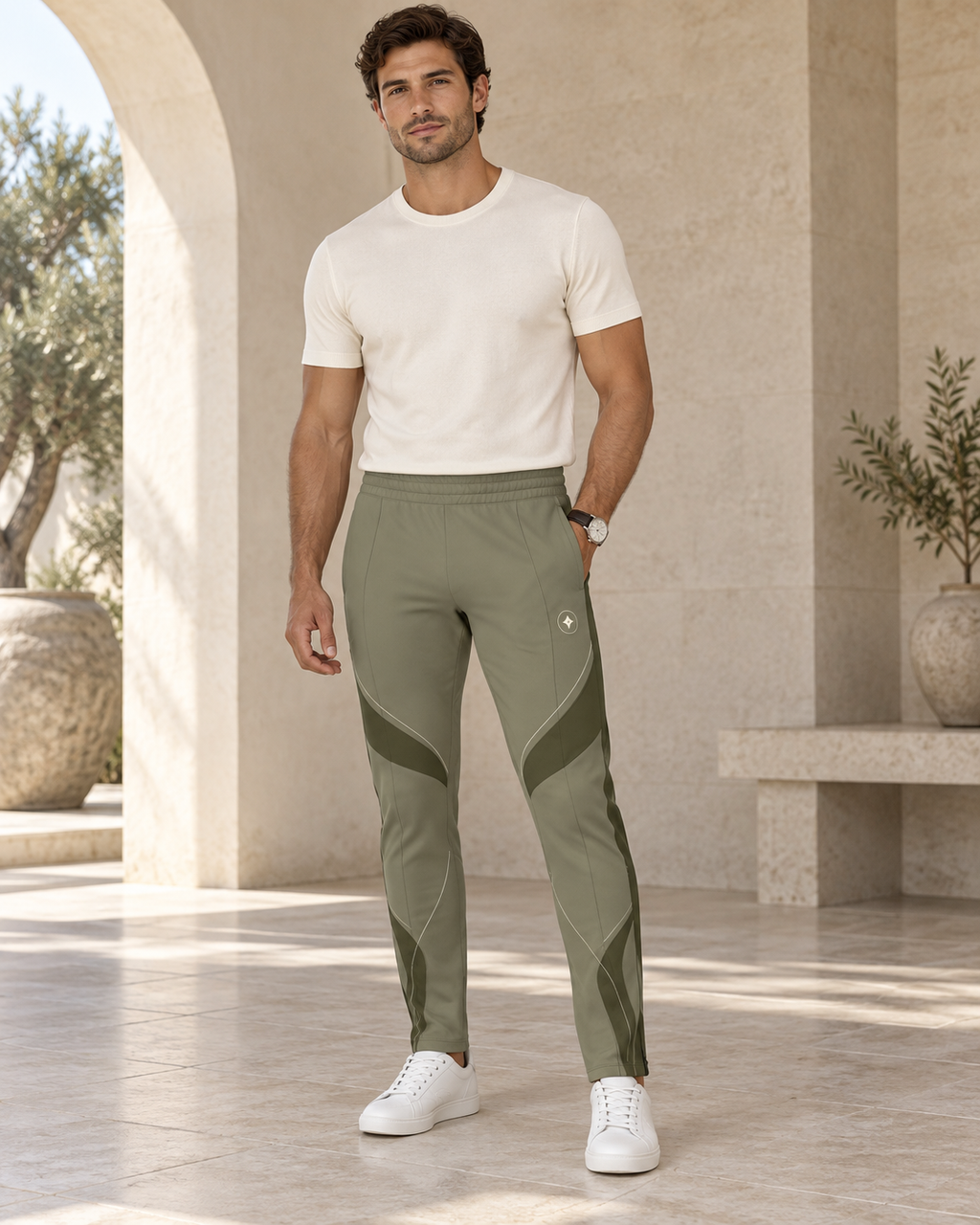 Olive Stone Luxury Rox Jersey Track Pants by UNIKCOSA — front model styling view