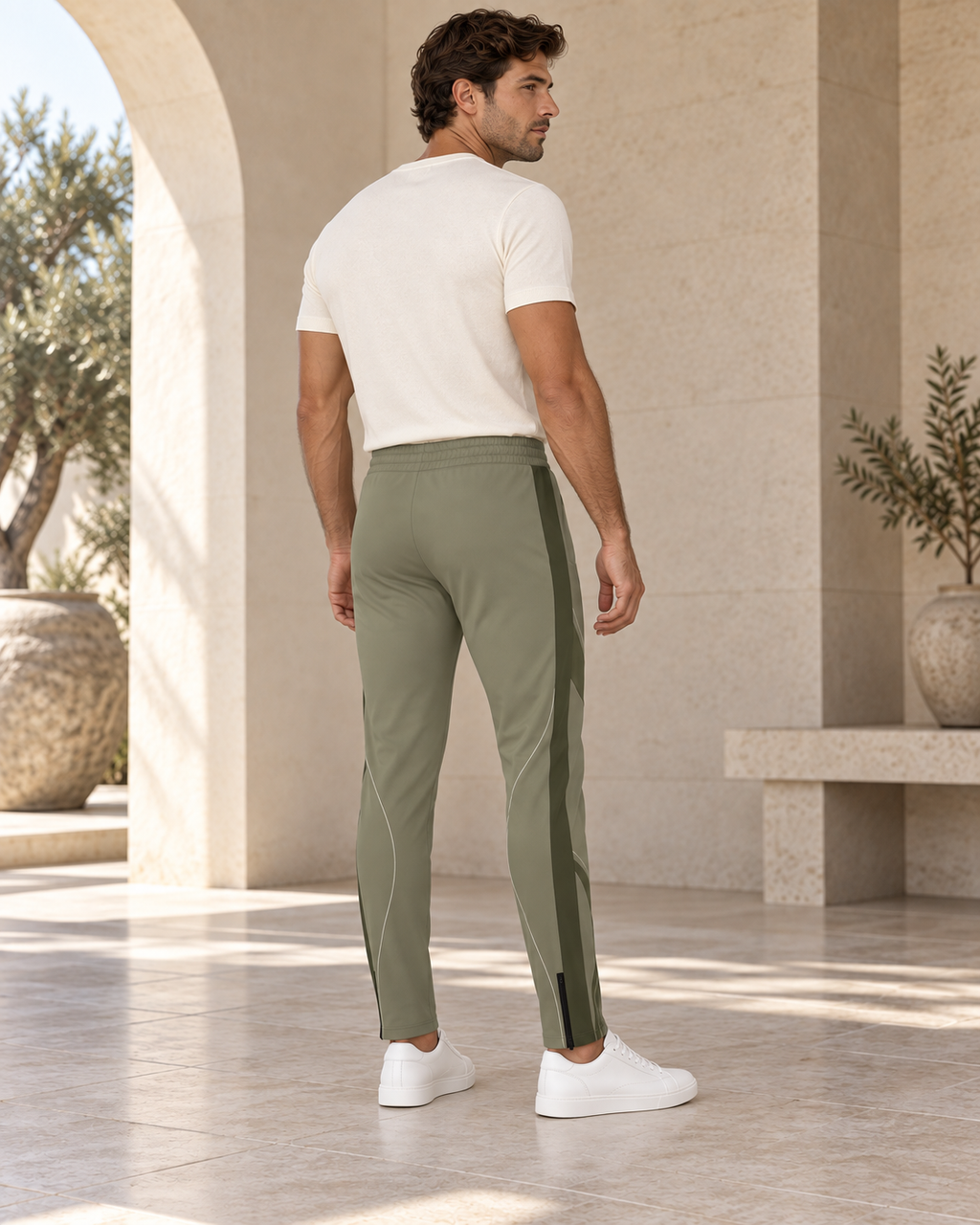 Olive Stone Luxury Rox Jersey Track Pants by UNIKCOSA — rear three-quarter model styling view