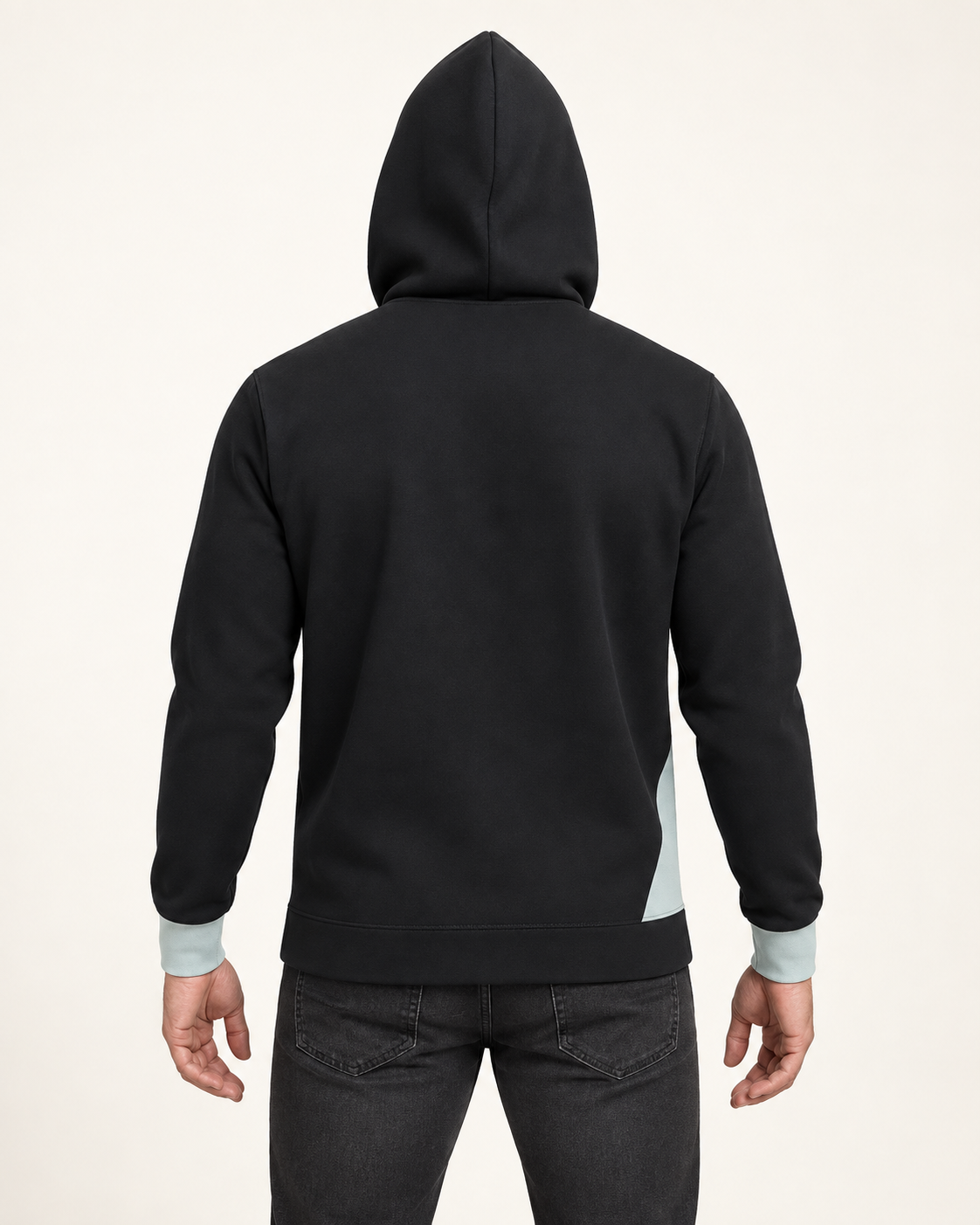 Onyx Glacier Triangle Nero Ponte Hoodie, back on-model AI styling illustration