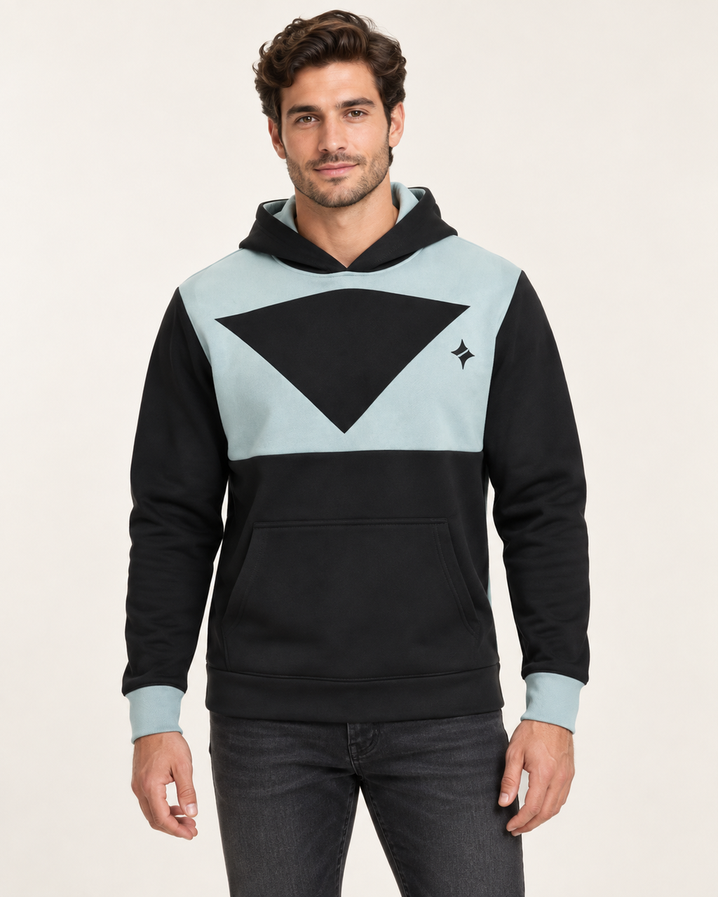 Onyx Glacier Triangle Nero Ponte Hoodie, front on-model AI styling illustration