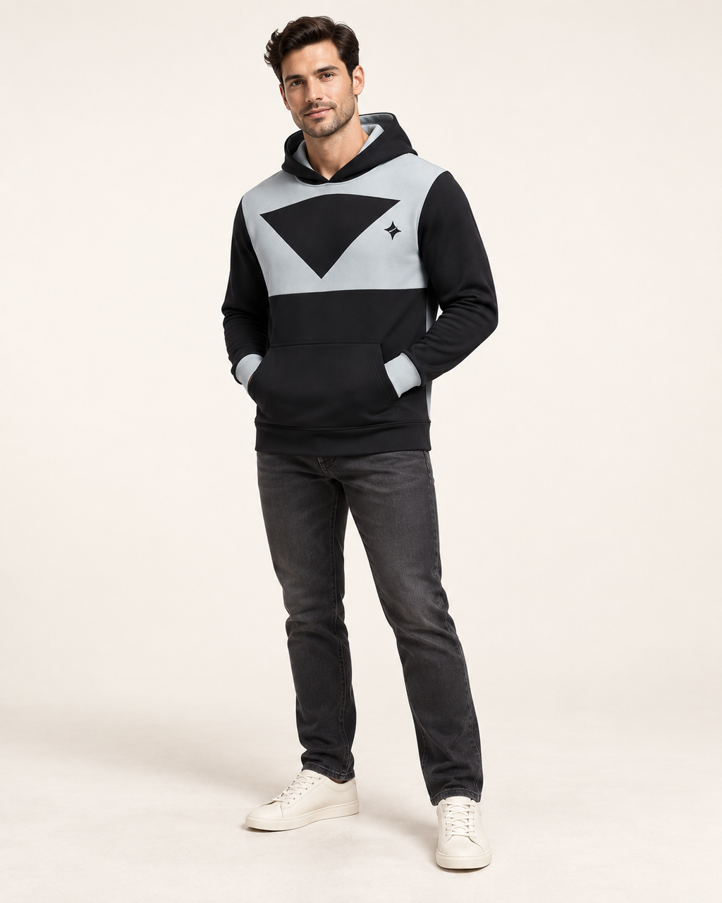 Onyx Glacier Triangle Nero Ponte Hoodie, fullbody on-model AI styling illustration