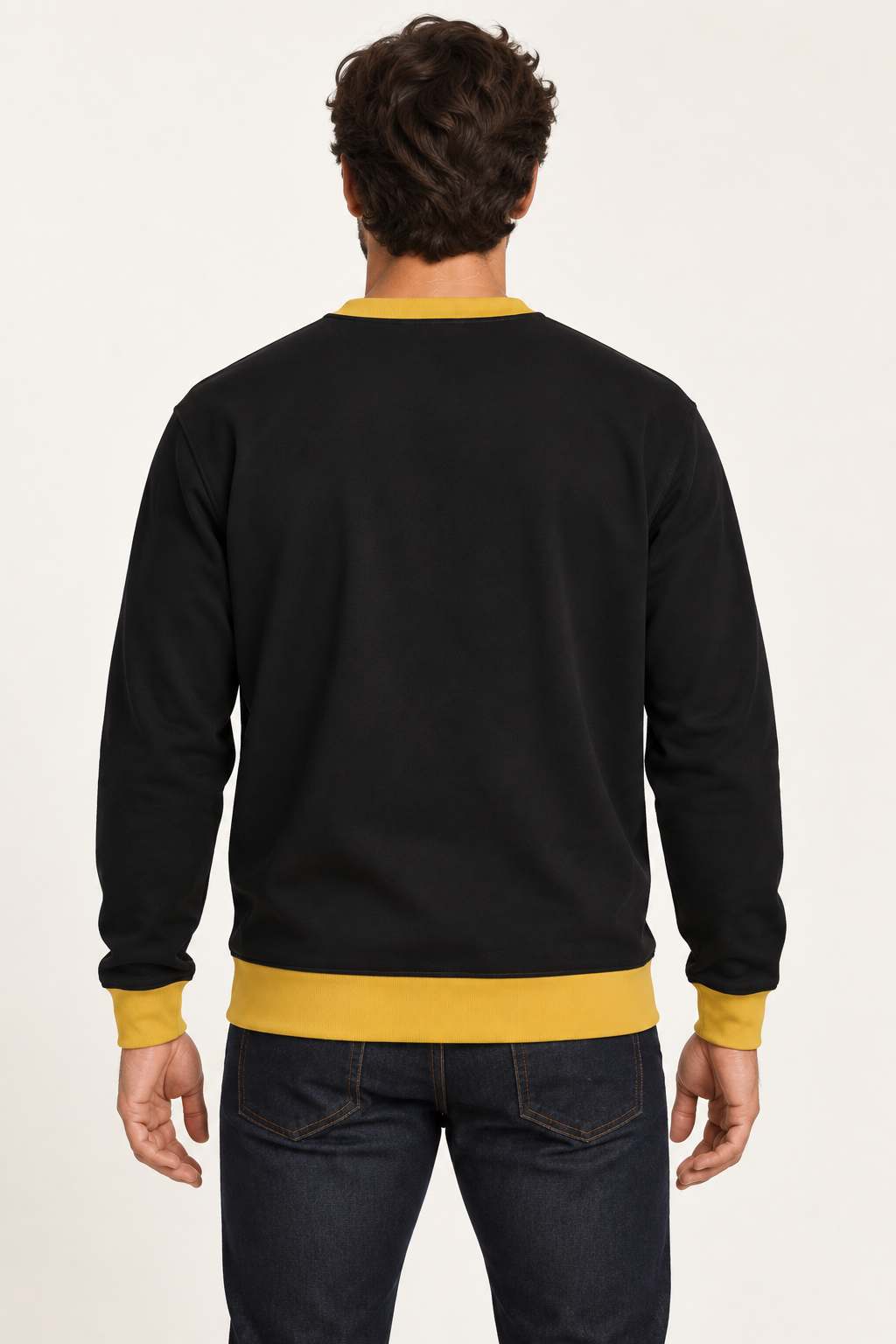Onyx Saffron men's sweatshirt — back view. AI-generated digital styling illustration.