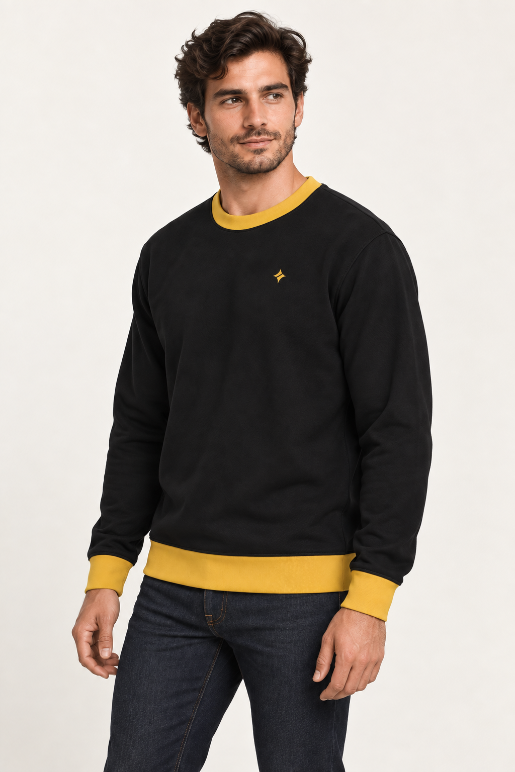 Onyx Saffron men's sweatshirt — side view. AI-generated digital styling illustration.