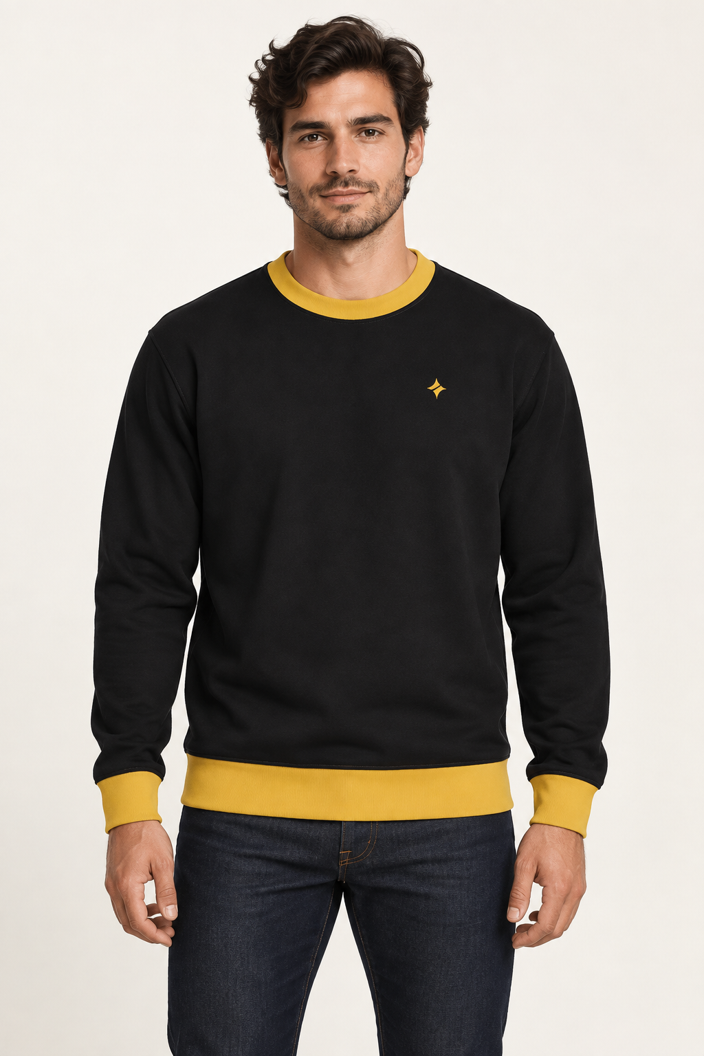 Onyx Saffron men's sweatshirt — front view. AI-generated digital styling illustration.