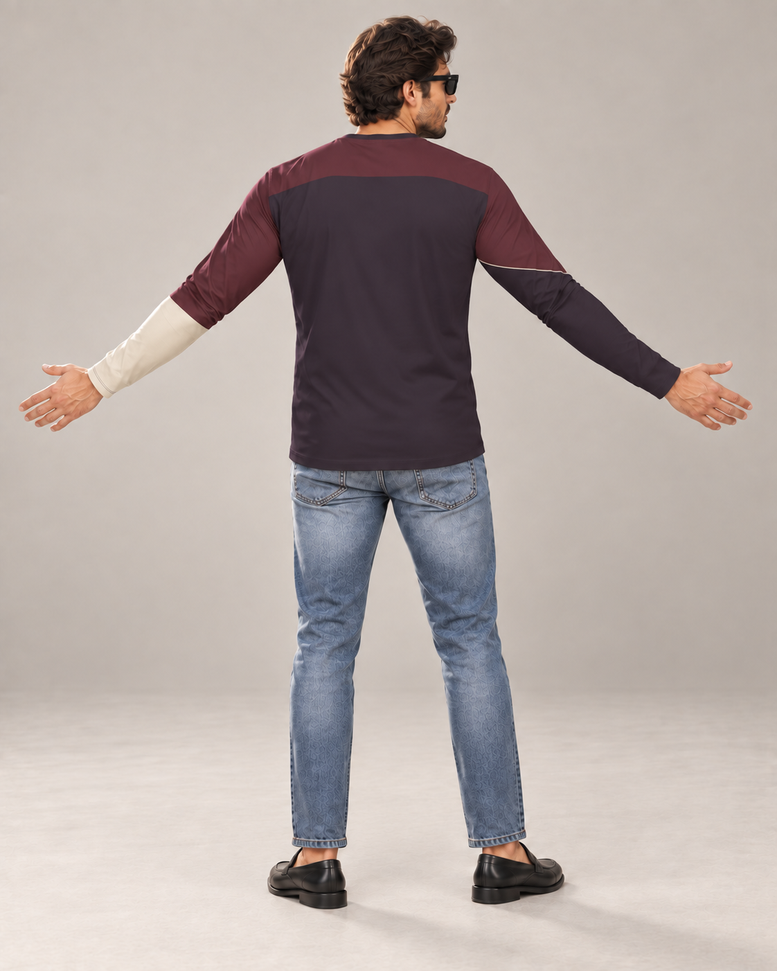 Oxblood Plum Luxury Bounce Cotton Long Sleeve T-Shirt by UNIKCOSA, back view with arms spread wide in a plain indoor studio — AI styling visual