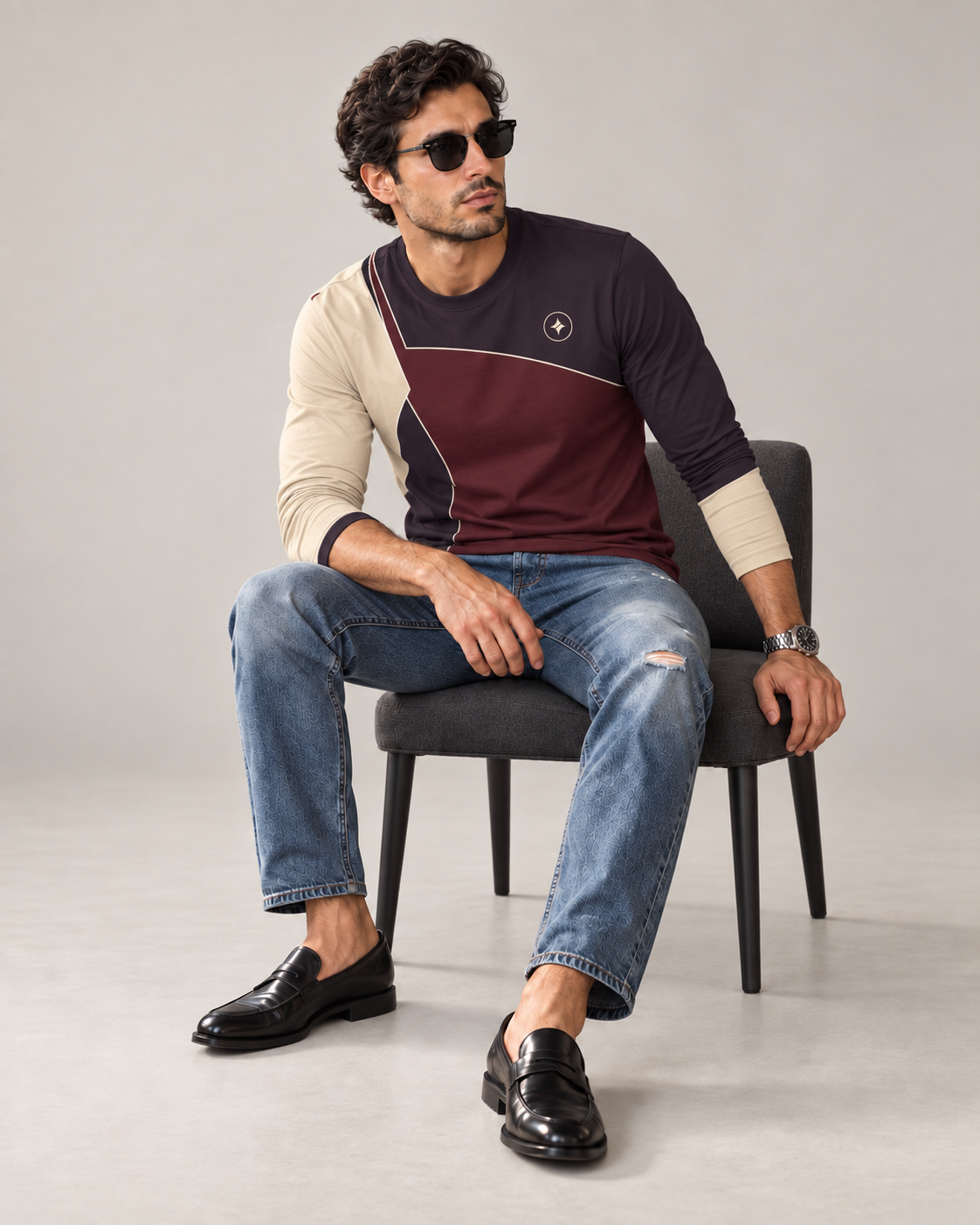 Oxblood Plum Luxury Bounce Cotton Long Sleeve T-Shirt by UNIKCOSA, seated with sleeves styled on a plain stone-grey background — AI styling visual