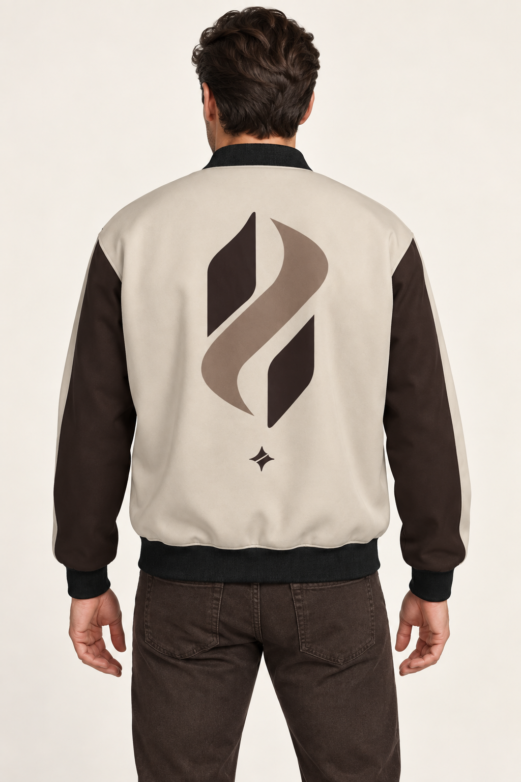 Oyster Espresso satin bomber jacket — back on-model styling illustration