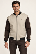 Oyster Espresso satin bomber jacket — front on-model styling illustration