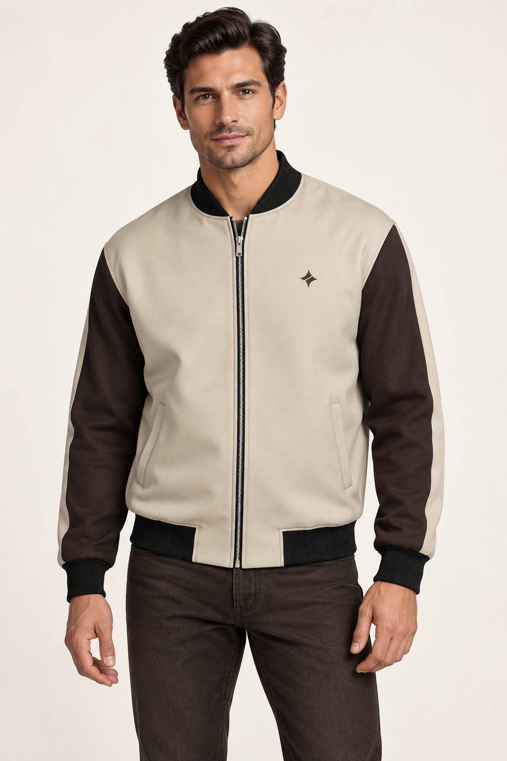Oyster Espresso satin bomber jacket — front on-model styling illustration