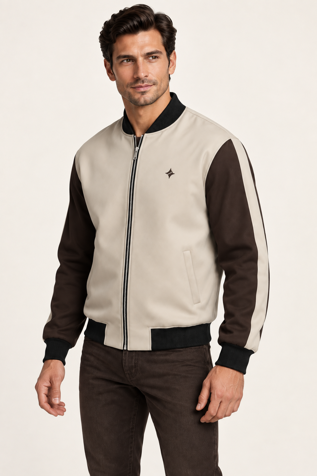 Oyster Espresso satin bomber jacket — three-quarter on-model styling illustration