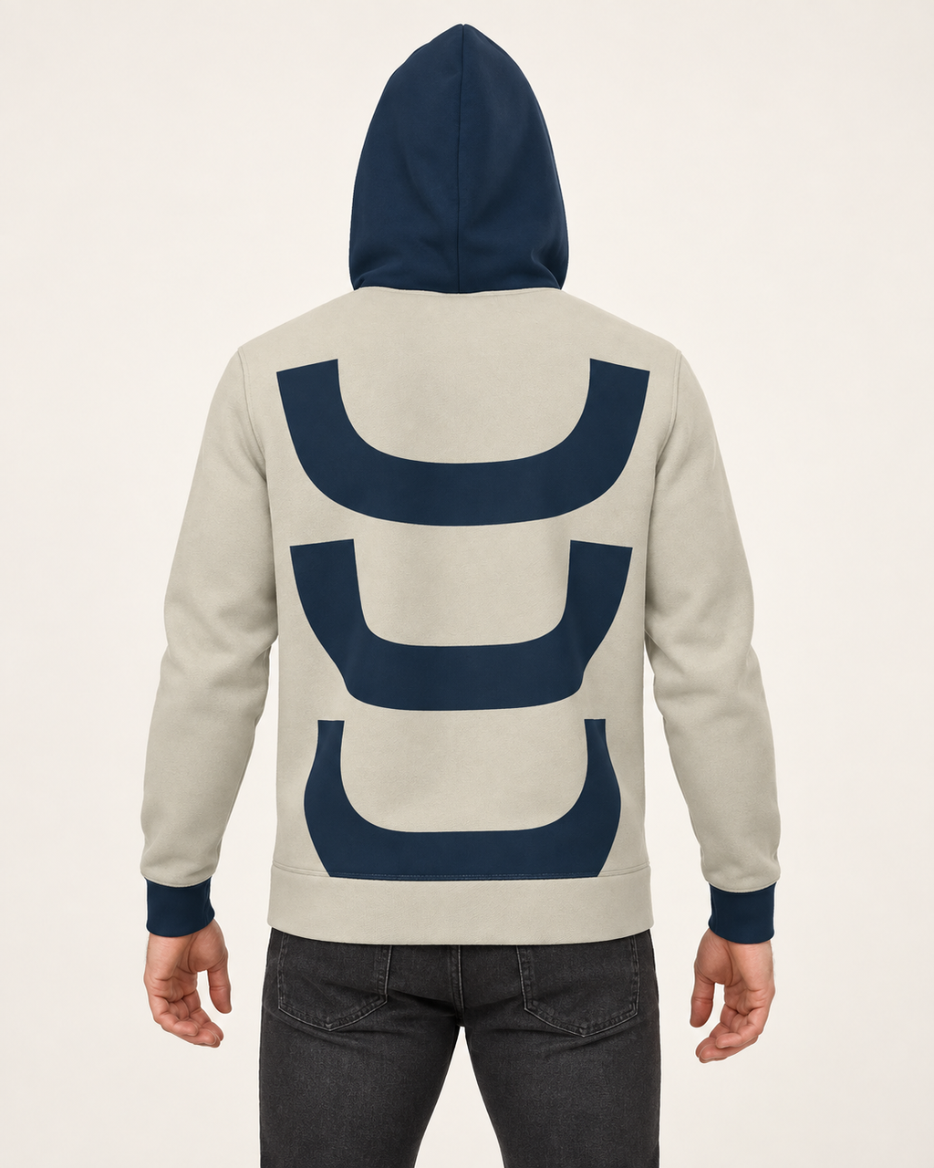 Oyster Ink Diapason Nero Ponte Hoodie, back on-model AI styling illustration