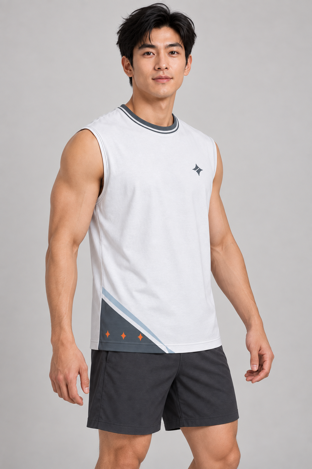 Pearl Circuit sleeveless cotton T-shirt – side on-model styling illustration