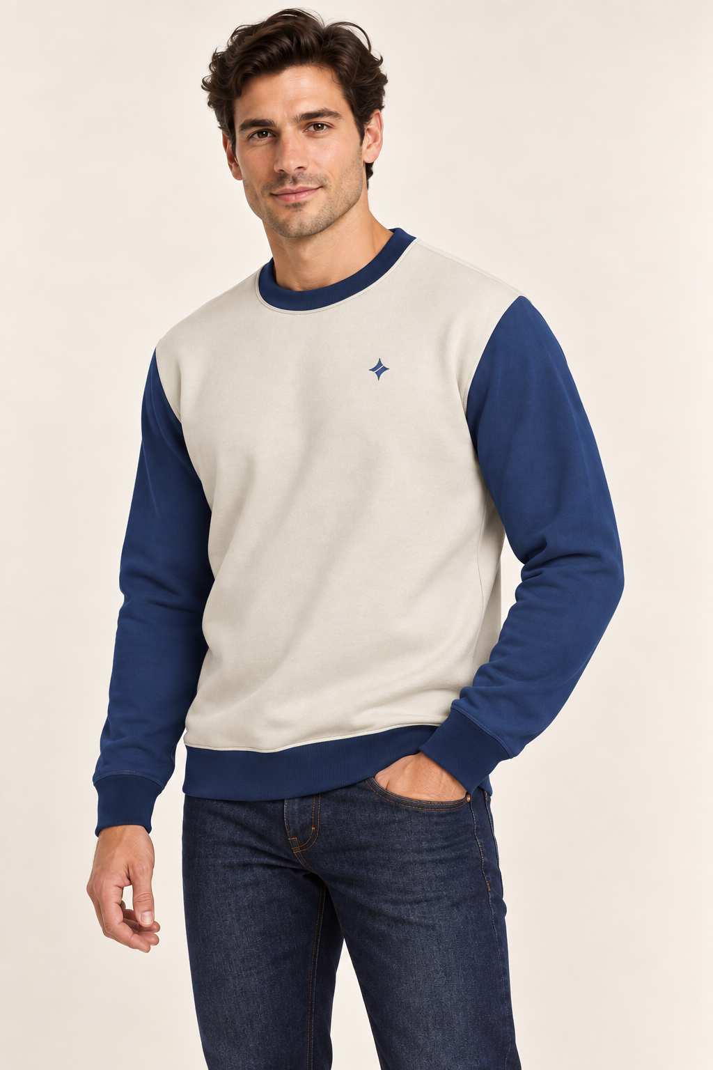 Pearl Cobalt Nero Ponte sweatshirt — angle model styling illustration