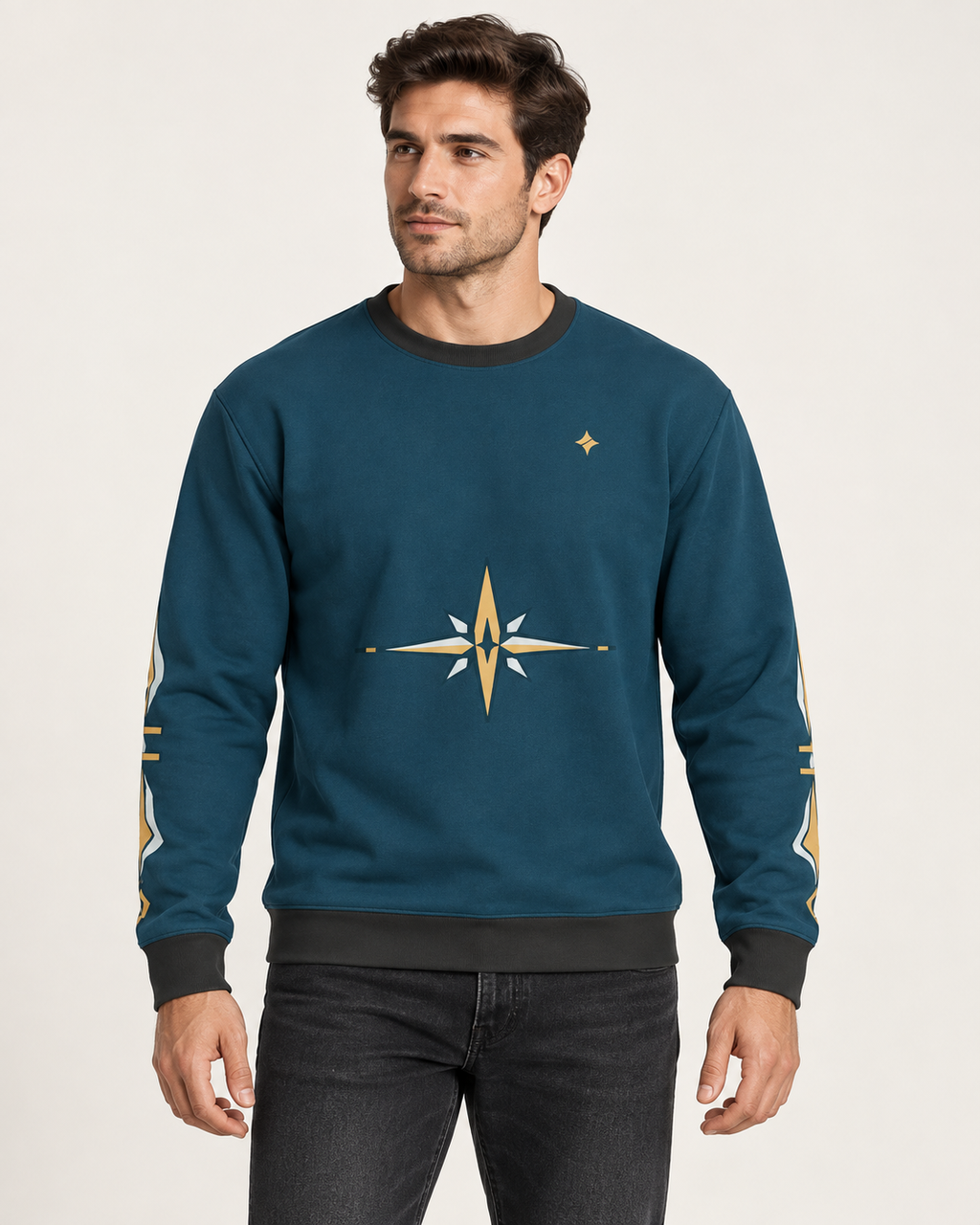 petrol brass meridian men's sweatshirt front view. AI-generated digital styling illustration.