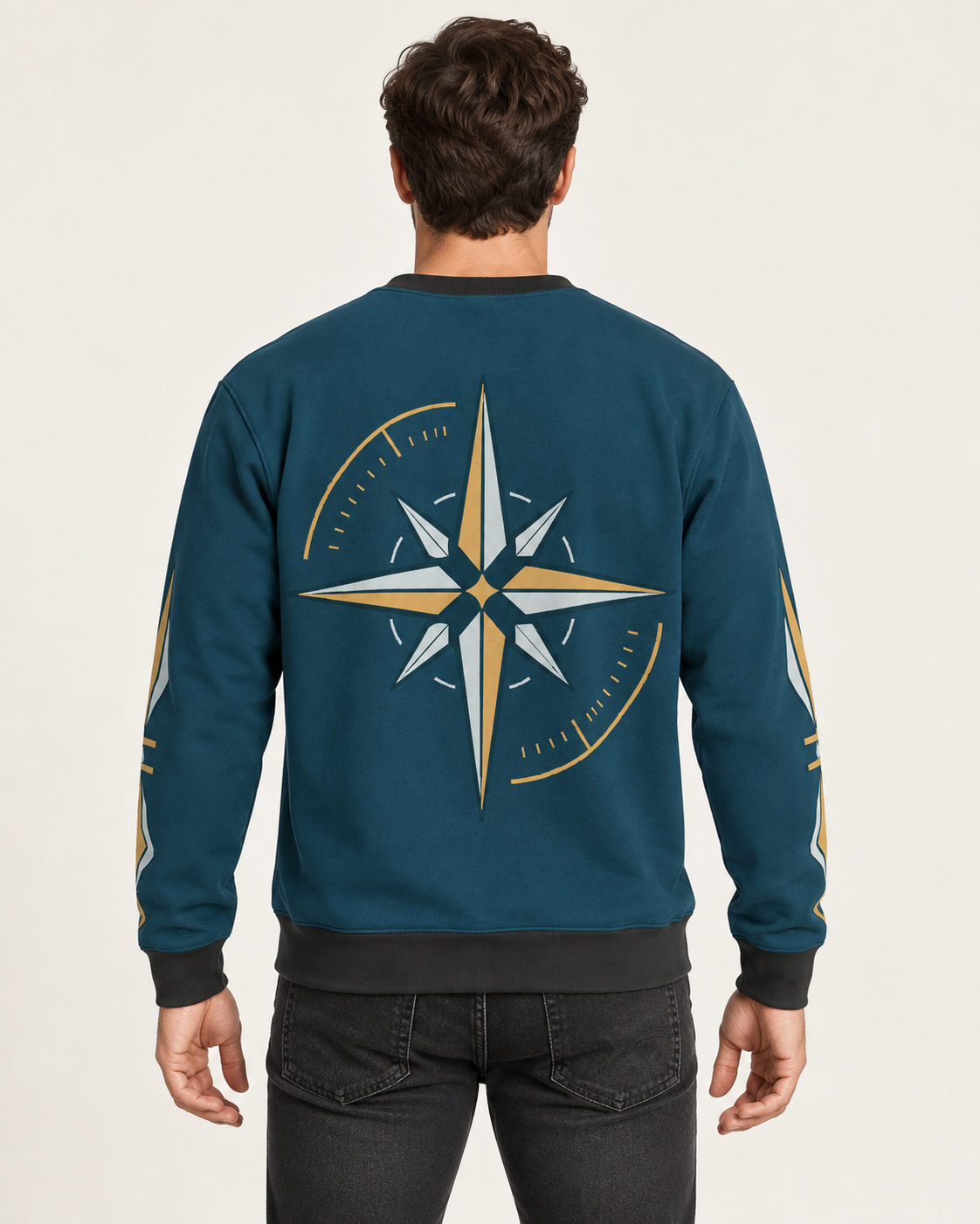 petrol brass meridian men's sweatshirt back view. AI-generated digital styling illustration.