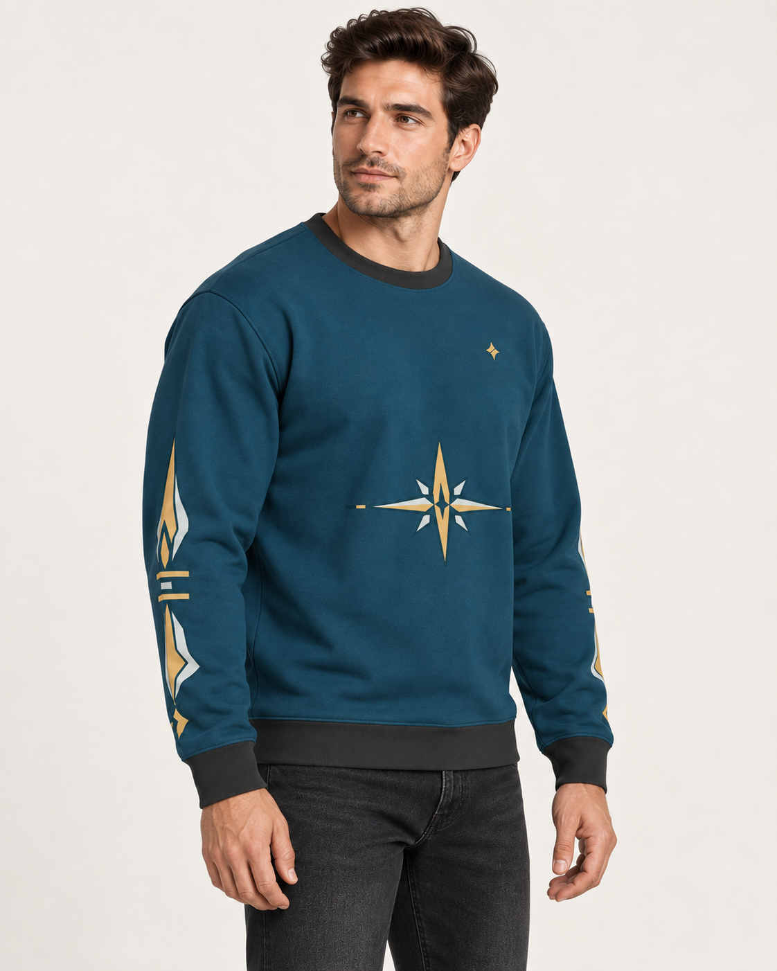 petrol brass meridian men's sweatshirt side view. AI-generated digital styling illustration.