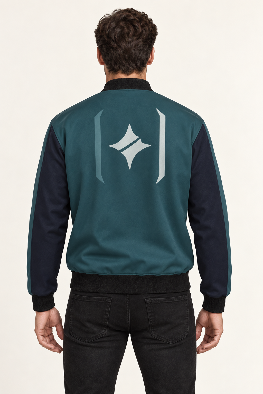 Petrol Meridian satin bomber jacket — back on-model styling illustration