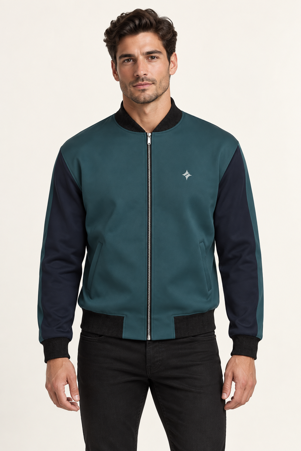 Petrol Meridian satin bomber jacket — front on-model styling illustration