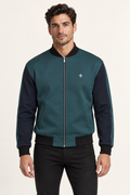 Petrol Meridian satin bomber jacket — front on-model styling illustration