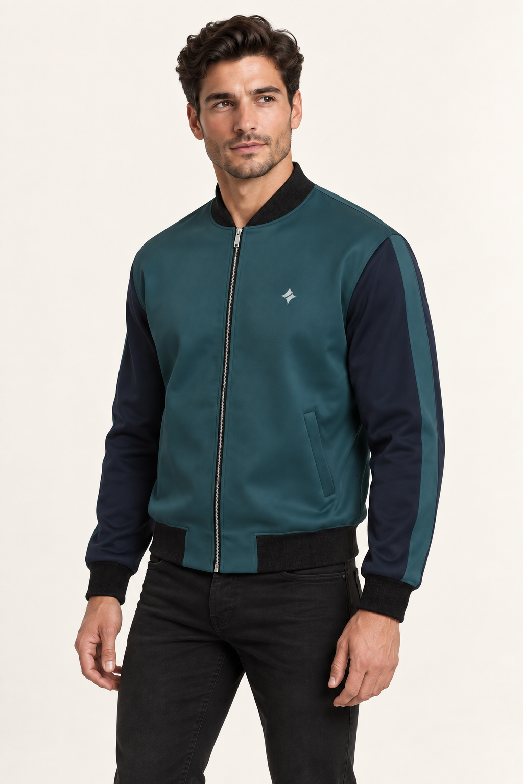 Petrol Meridian satin bomber jacket — three-quarter on-model styling illustration