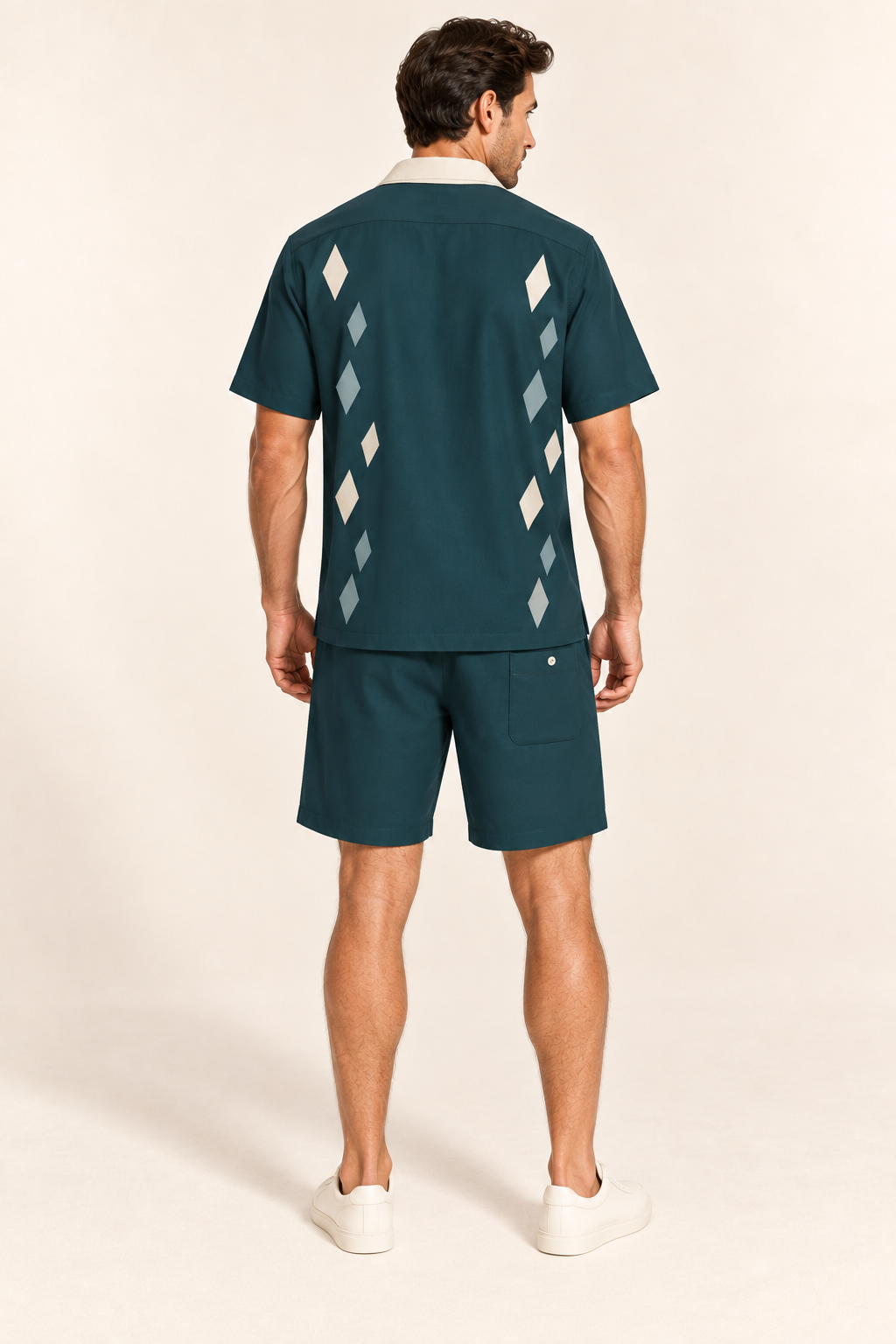 Petrol Oyster cotton satin shirt and shorts set, back model view. AI-generated styling illustration.
