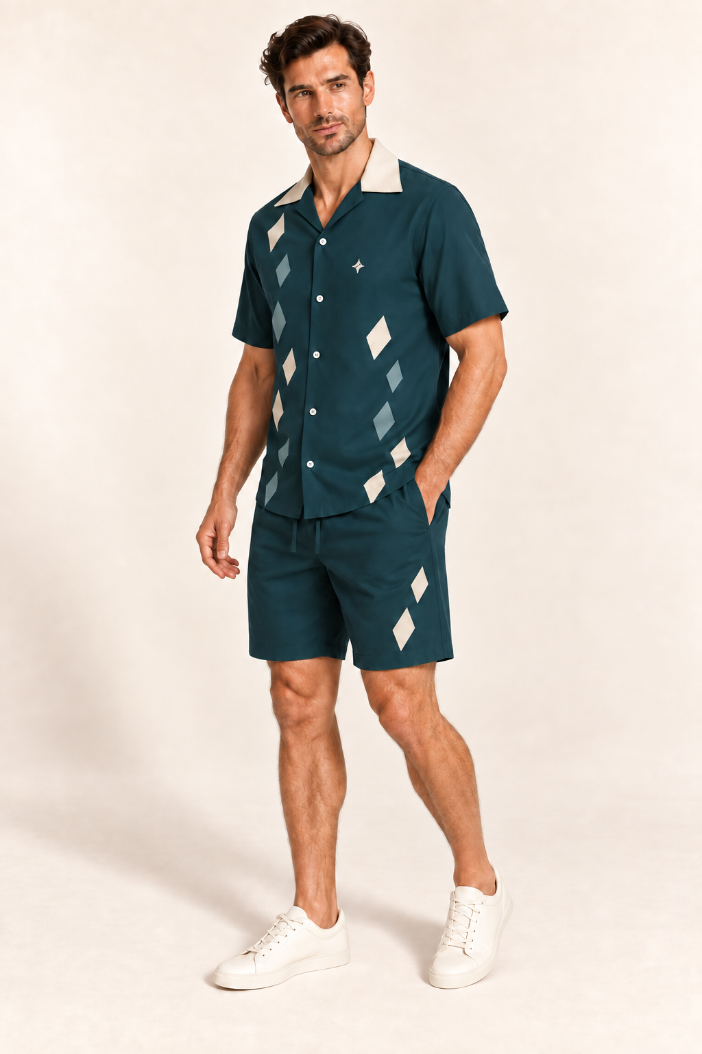 Petrol Oyster cotton satin shirt and shorts set, side model view. AI-generated styling illustration.