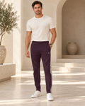 Plum Silver Luxury Rox Jersey Track Pants by UNIKCOSA — front model styling view