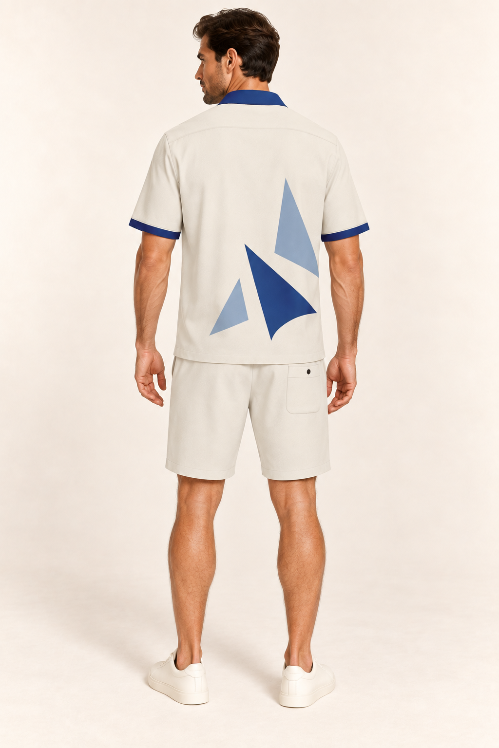 Porcelain Cobalt cotton satin shirt and shorts set, back model view. AI-generated styling illustration.