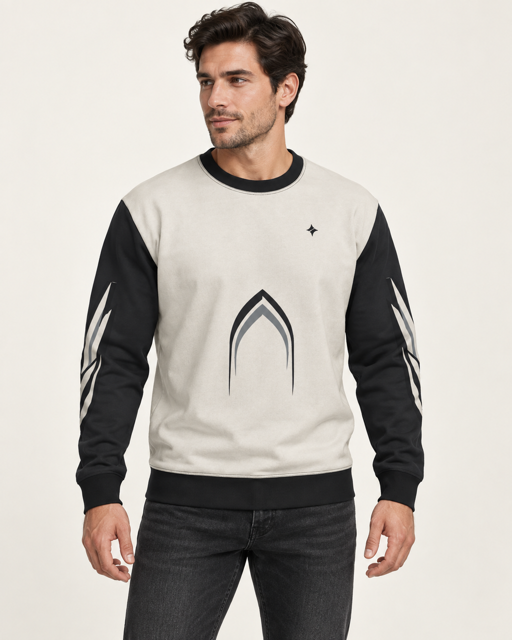 porcelain onyx vault men's sweatshirt front view. AI-generated digital styling illustration.