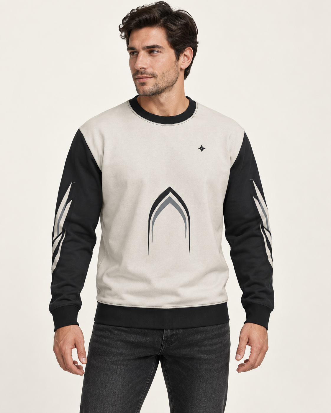 porcelain onyx vault men's sweatshirt front view. AI-generated digital styling illustration.