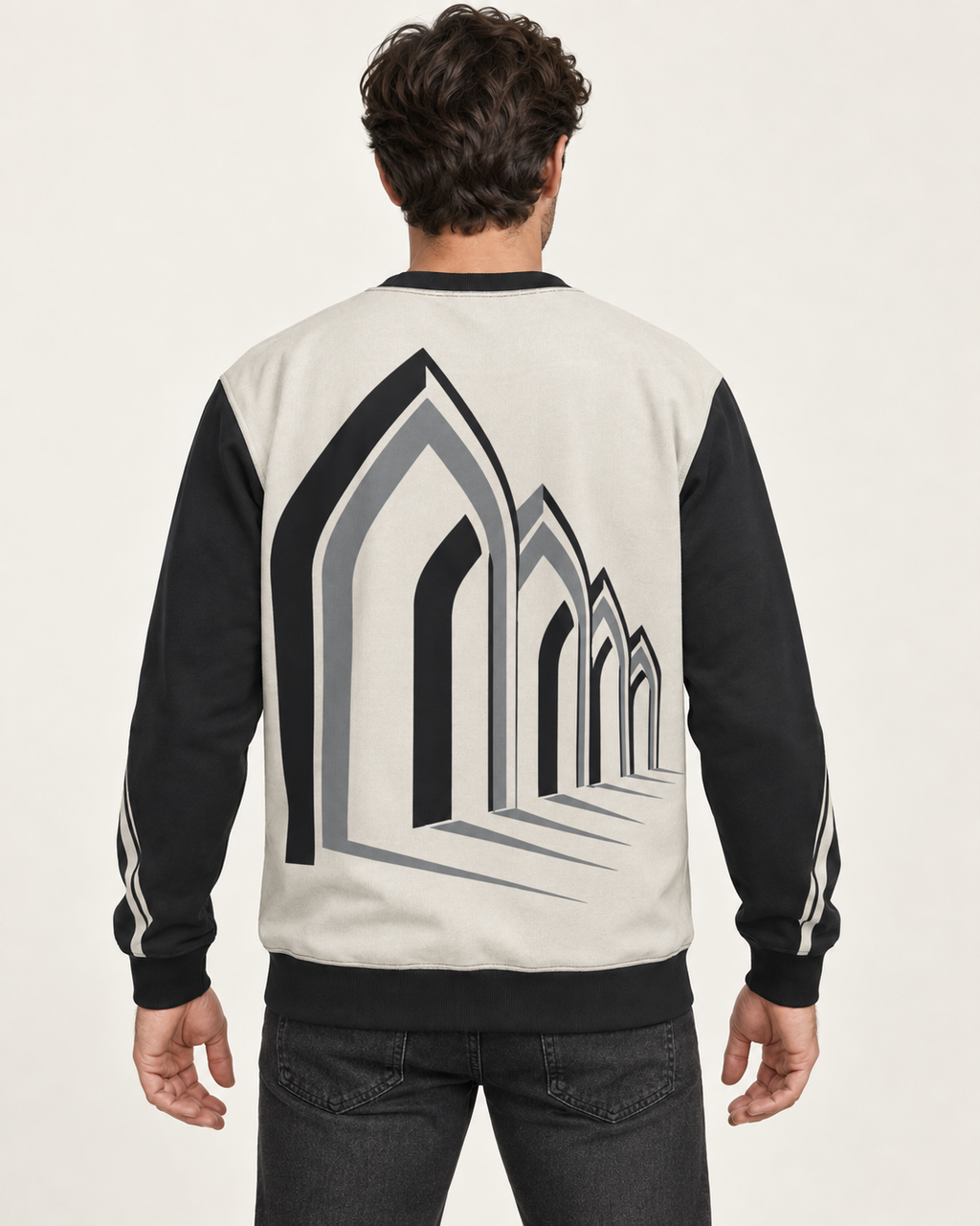 porcelain onyx vault men's sweatshirt back view. AI-generated digital styling illustration.