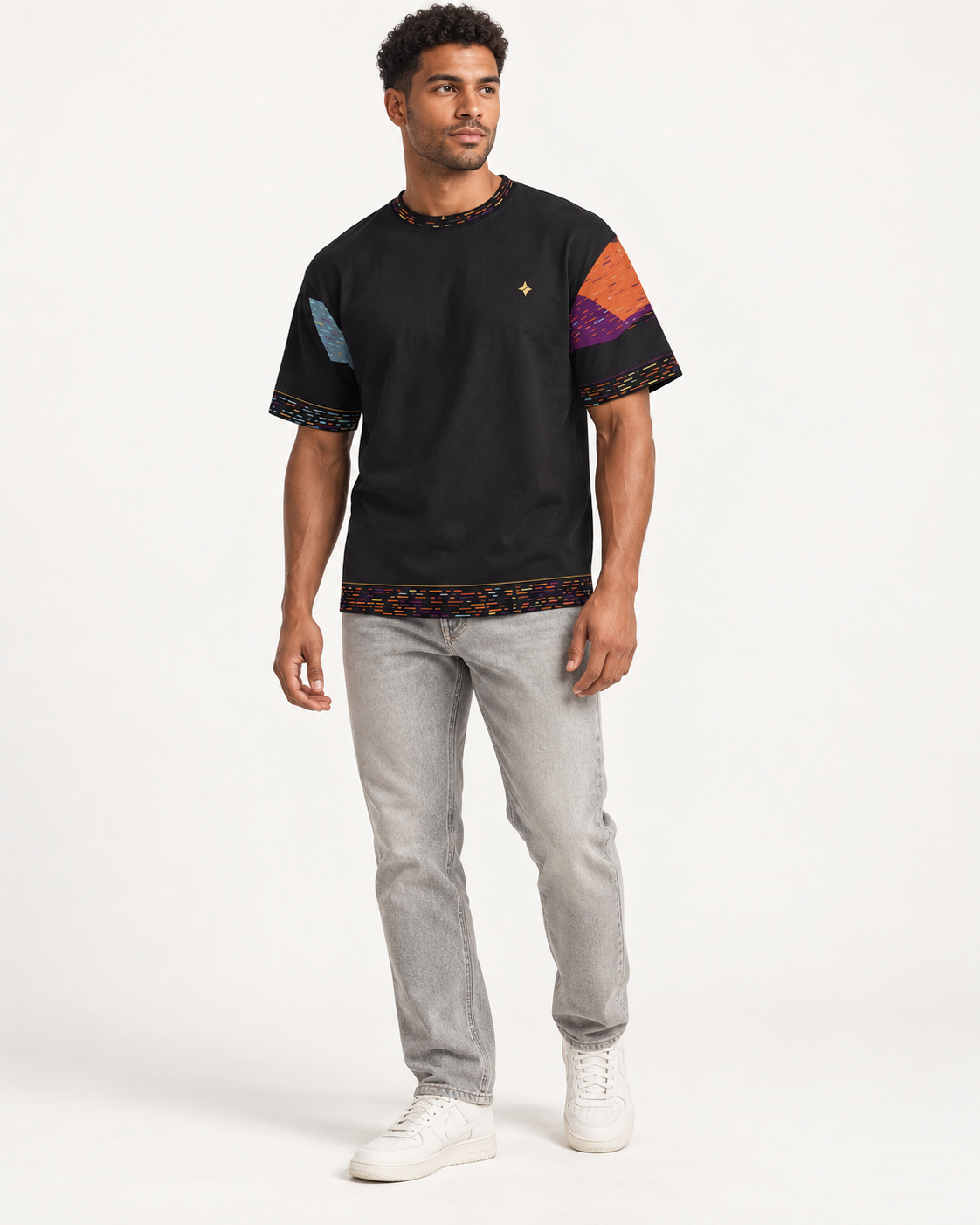 Prism Nocturne boxy cotton T-shirt — front on-model digital styling illustration
