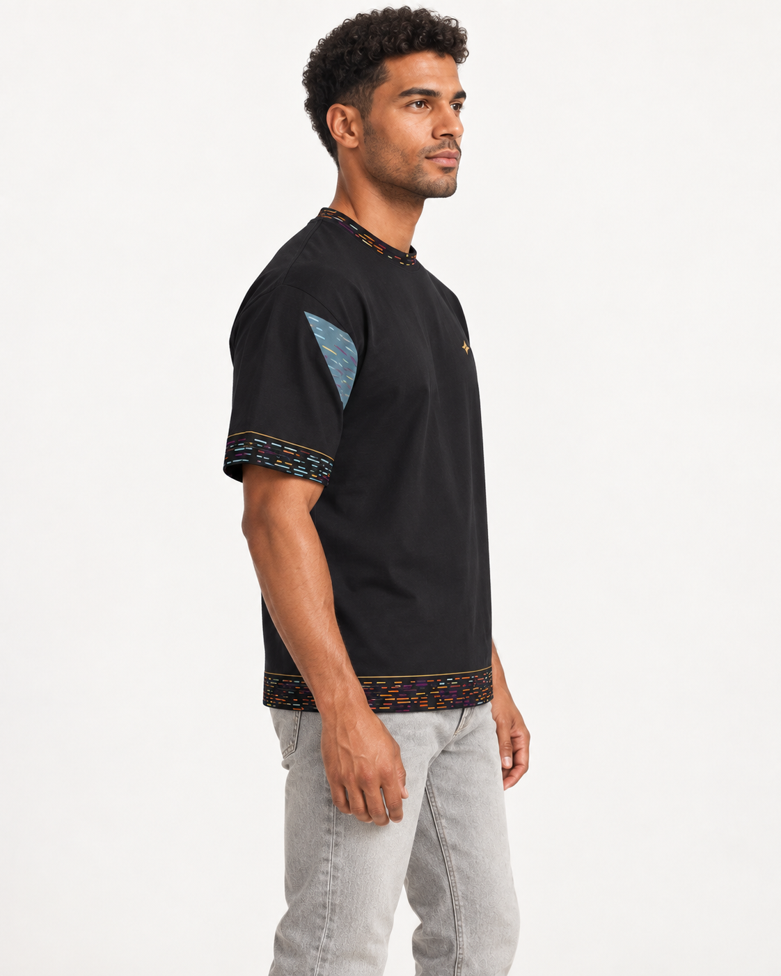 Prism Nocturne boxy cotton T-shirt — side on-model digital styling illustration