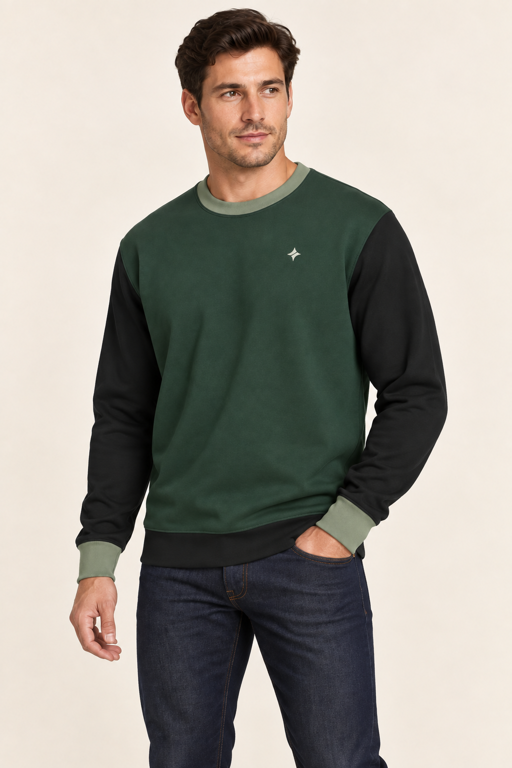 Men's Nero Ponte Sweatshirt — Forest Graphite by UNIKCOSA — angle model view; AI-generated digital styling illustration