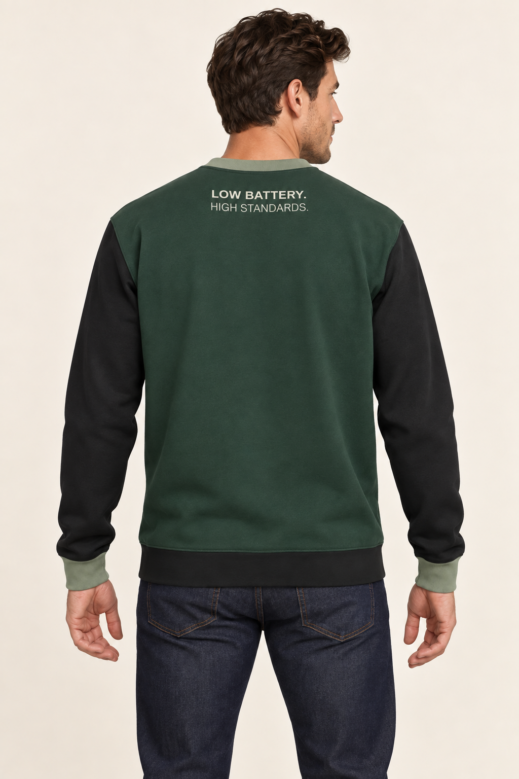 Men's Nero Ponte Sweatshirt — Forest Graphite by UNIKCOSA — back model view; AI-generated digital styling illustration