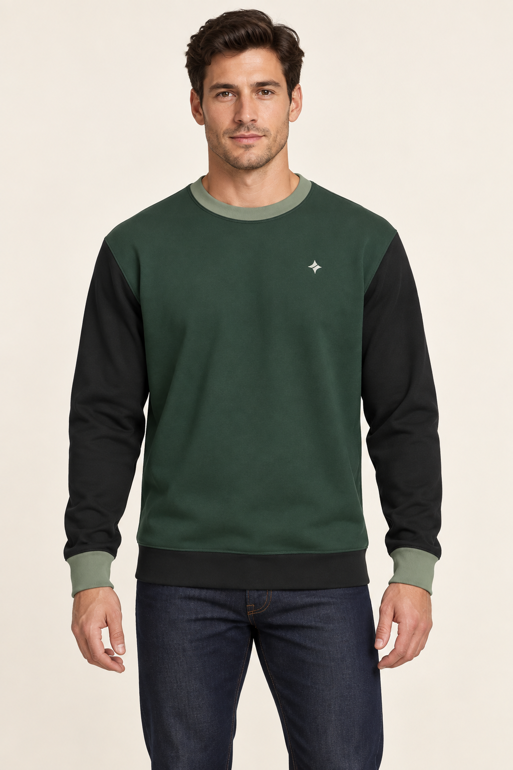 Men's Nero Ponte Sweatshirt — Forest Graphite by UNIKCOSA — front model view; AI-generated digital styling illustration