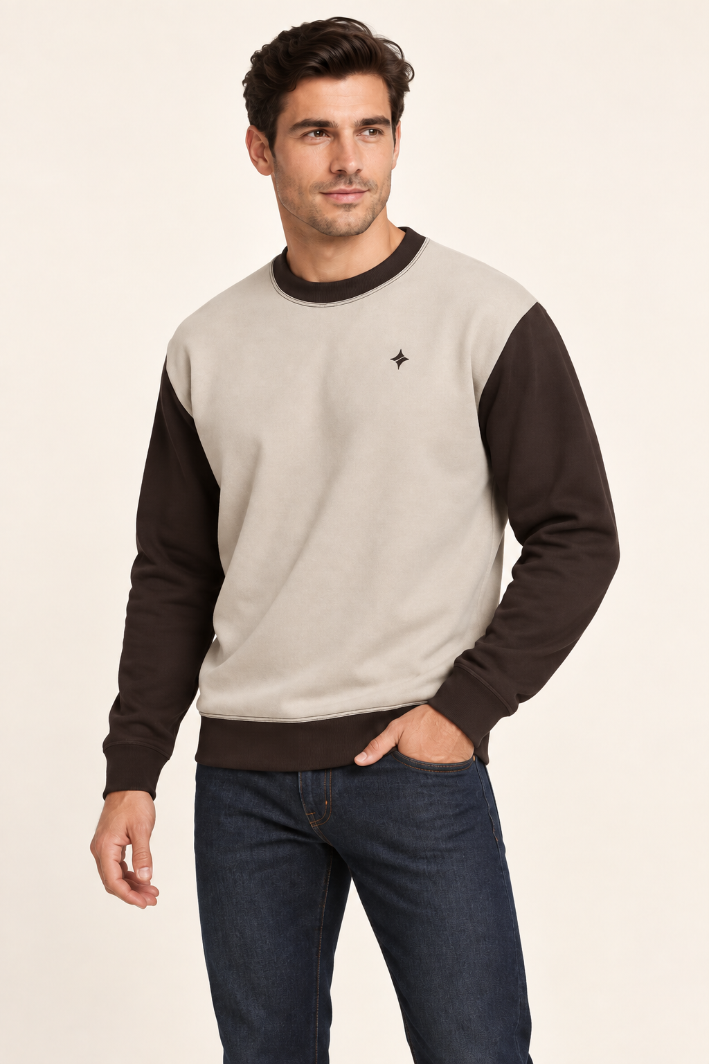 Men's Nero Ponte Sweatshirt — Oyster Espresso by UNIKCOSA — angle model view; AI-generated digital styling illustration