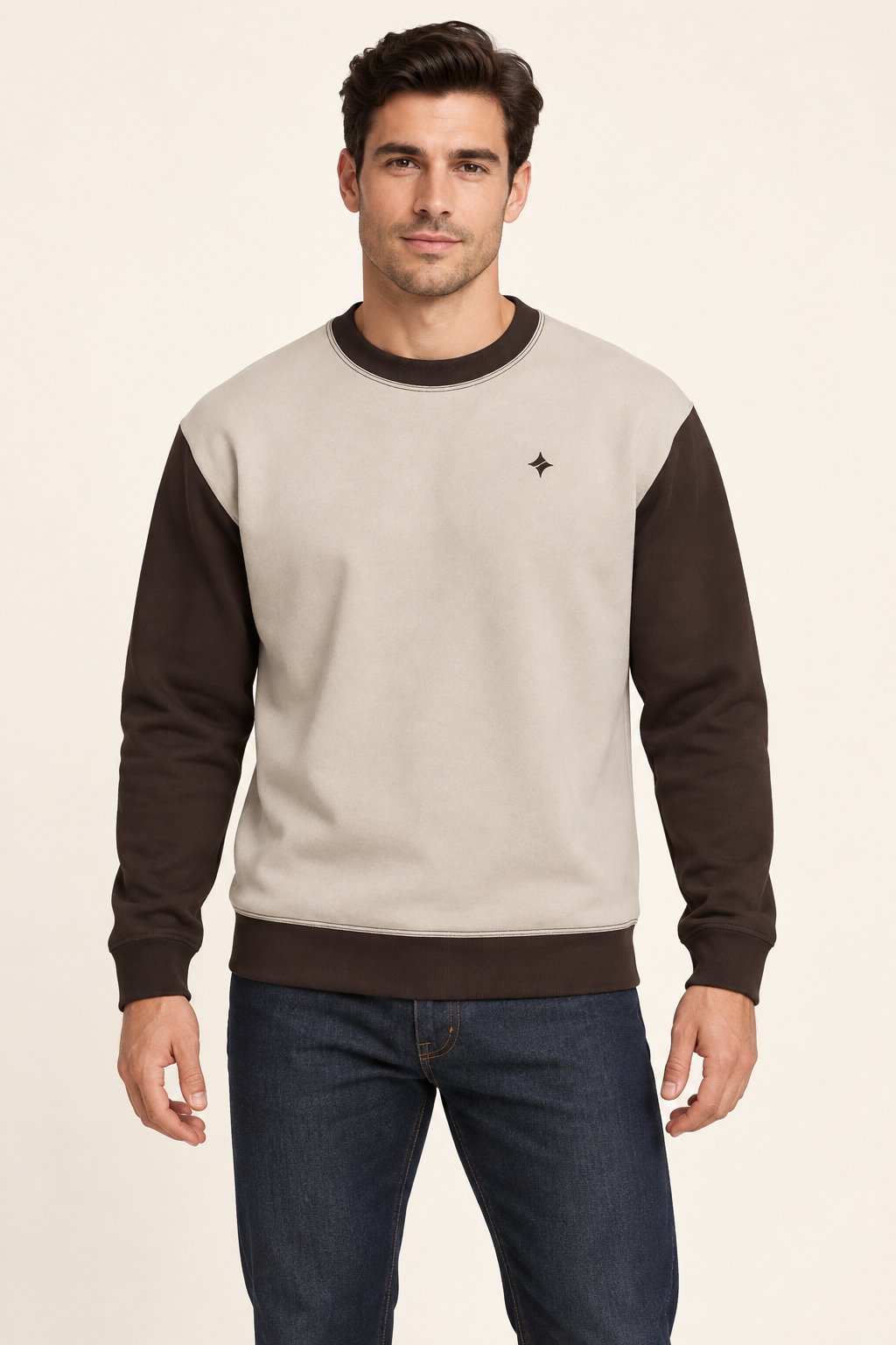 Men's Nero Ponte Sweatshirt — Oyster Espresso by UNIKCOSA — front model view; AI-generated digital styling illustration