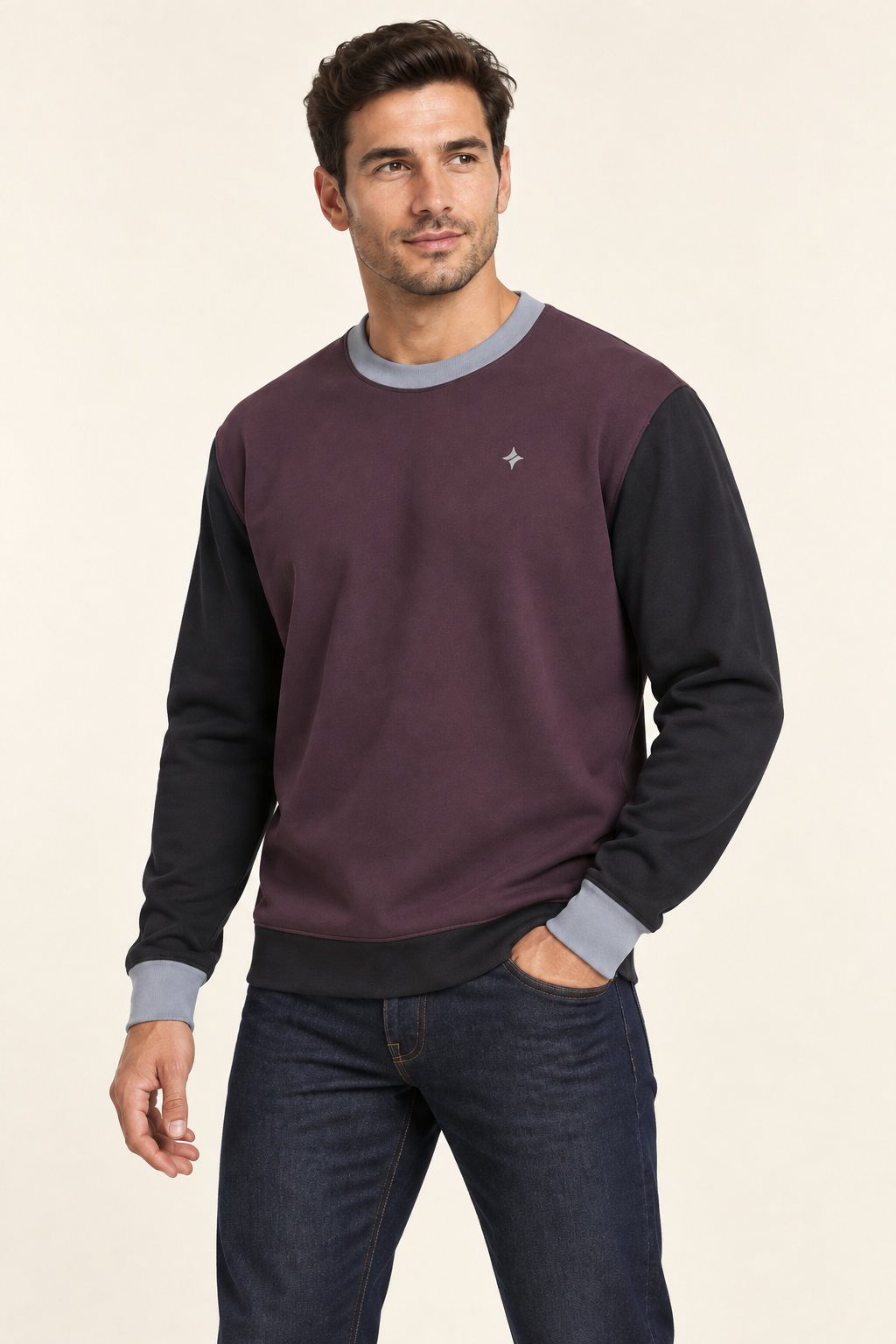 Men's Nero Ponte Sweatshirt — Aubergine Pewter by UNIKCOSA — angle model view; AI-generated digital styling illustration