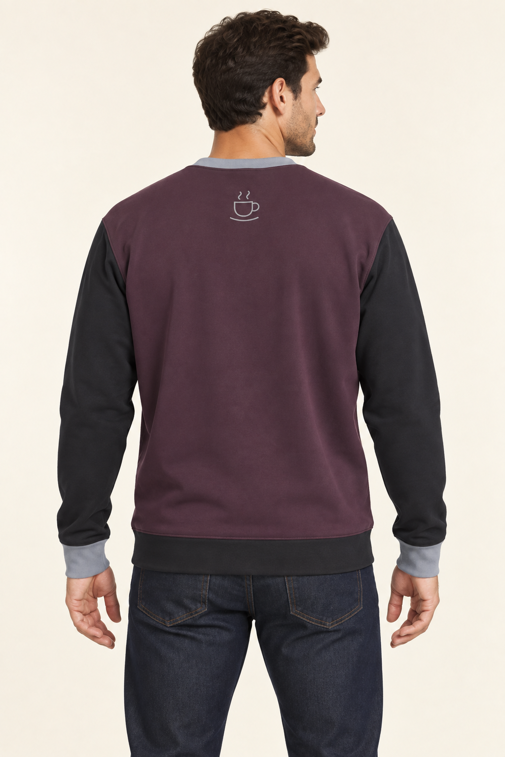 Men's Nero Ponte Sweatshirt — Aubergine Pewter by UNIKCOSA — back model view; AI-generated digital styling illustration