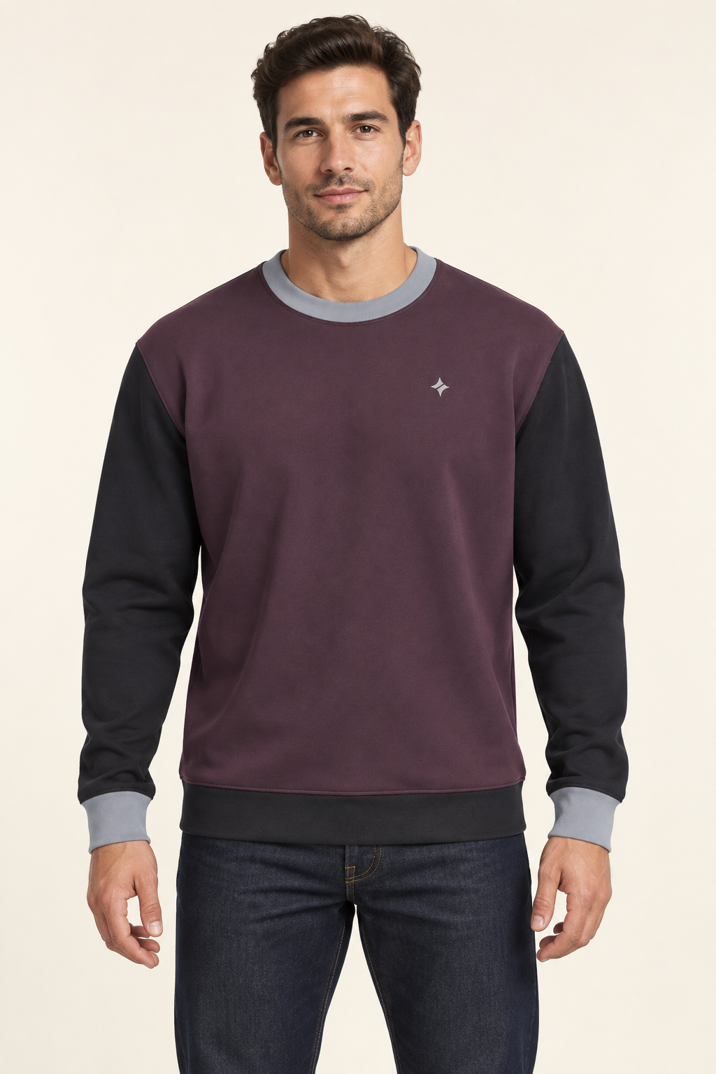 Men's Nero Ponte Sweatshirt — Aubergine Pewter by UNIKCOSA — front model view; AI-generated digital styling illustration