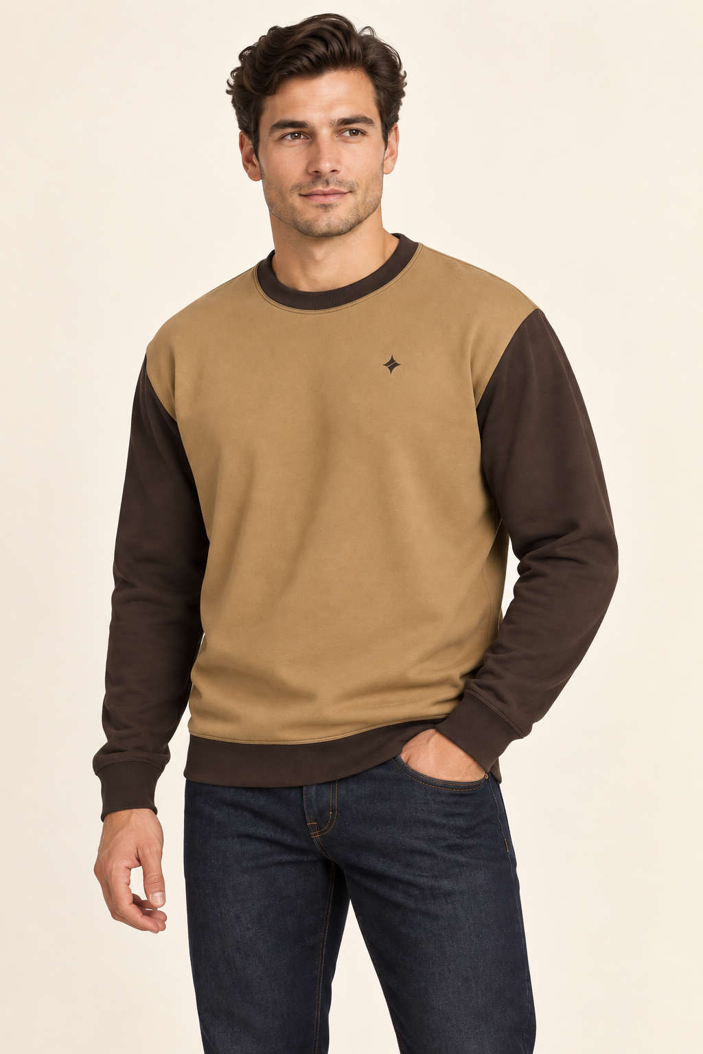 Honey Espresso men's sweatshirt — three-quarter AI styling illustration