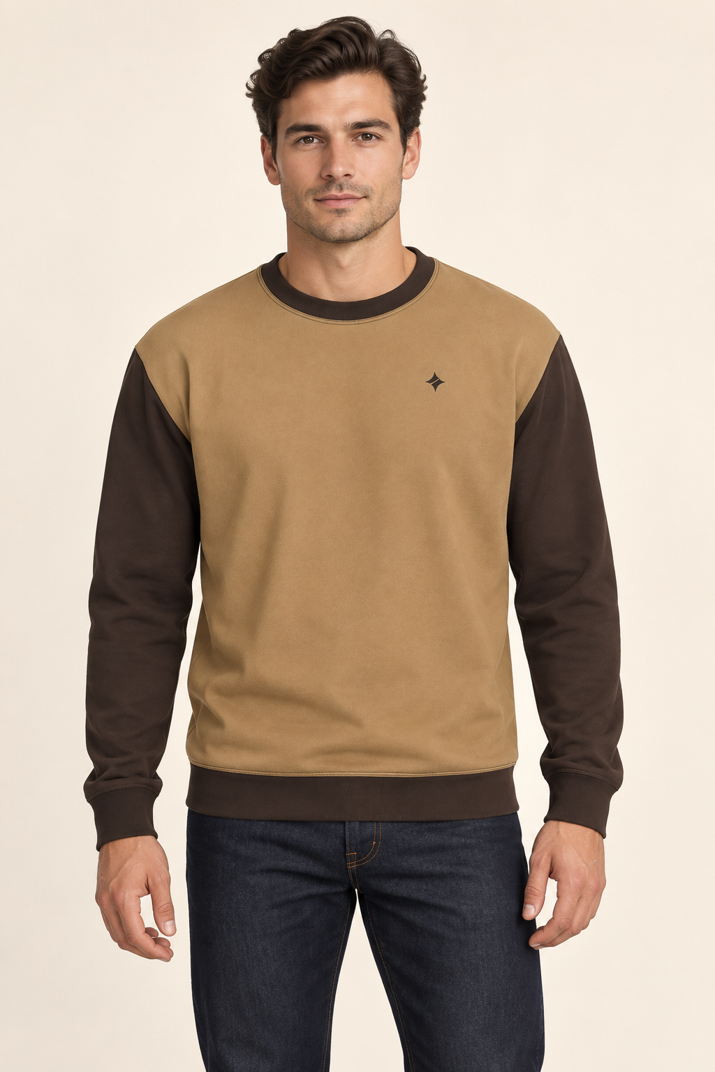 Honey Espresso men's sweatshirt — front AI styling illustration