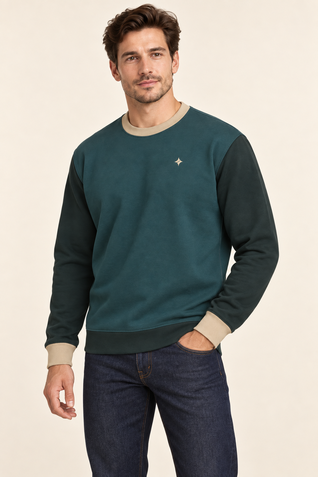 Petrol Sandstone men's sweatshirt — three-quarter AI styling illustration