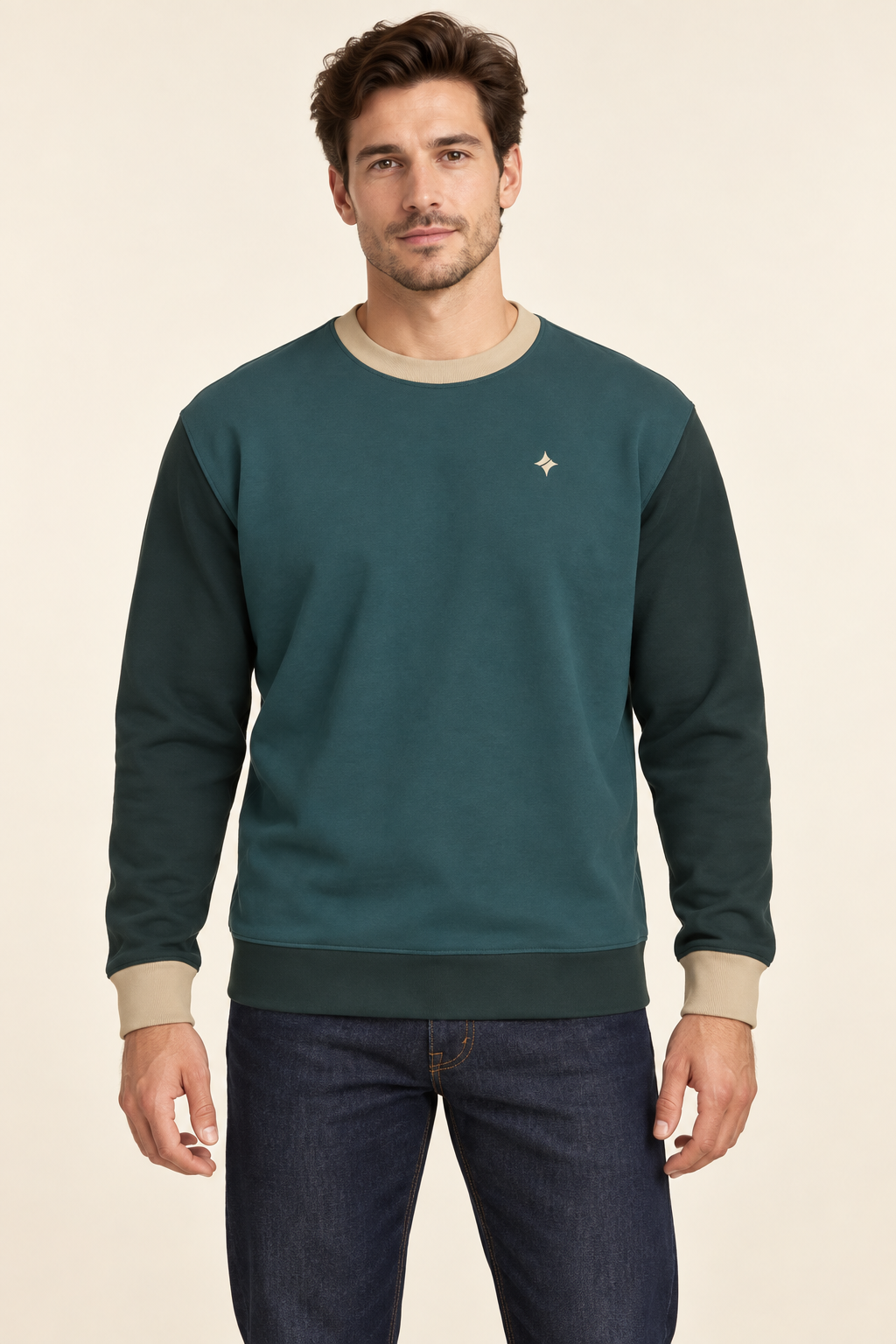 Petrol Sandstone men's sweatshirt — front AI styling illustration