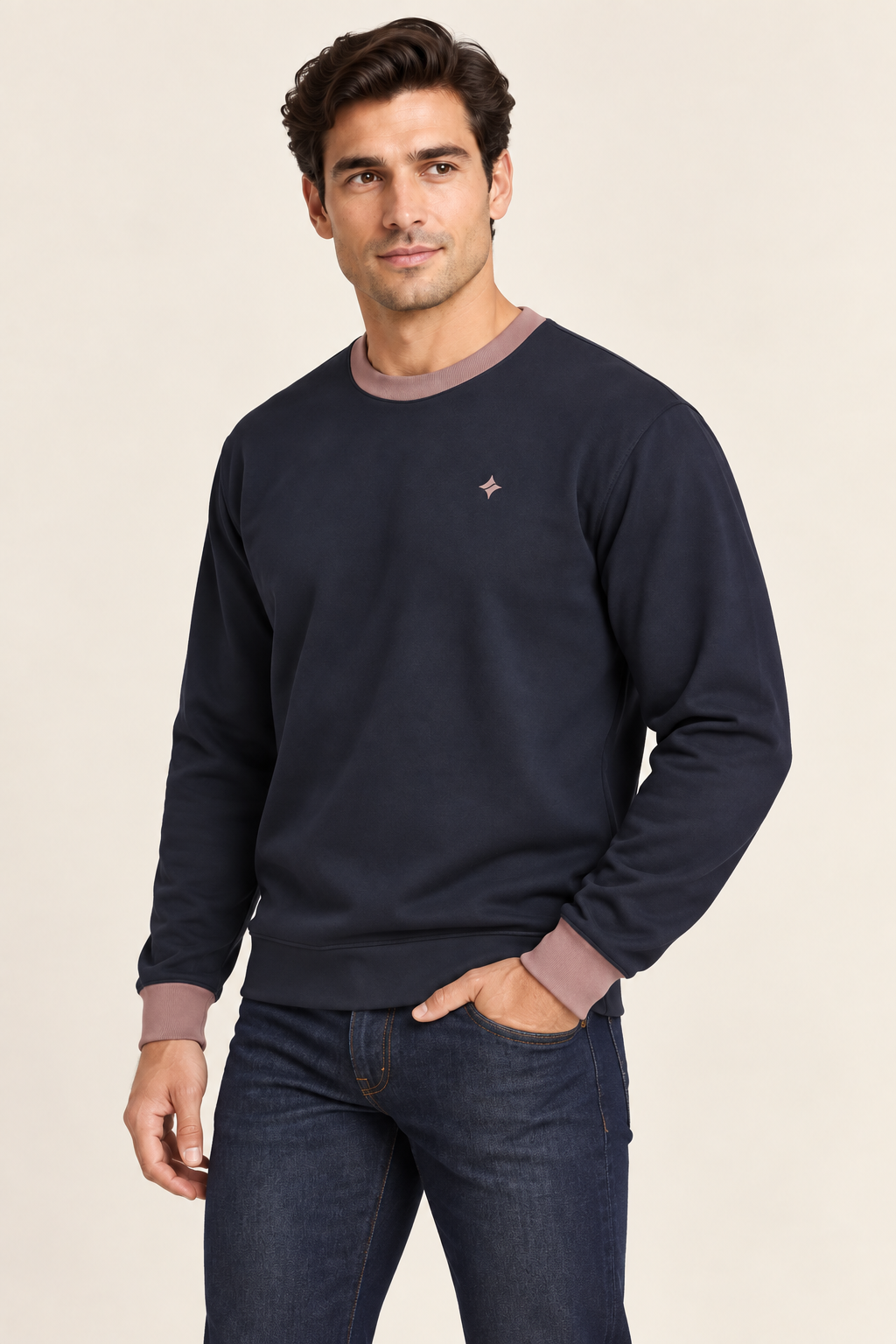 Ink Rosewood men's sweatshirt — three-quarter AI styling illustration
