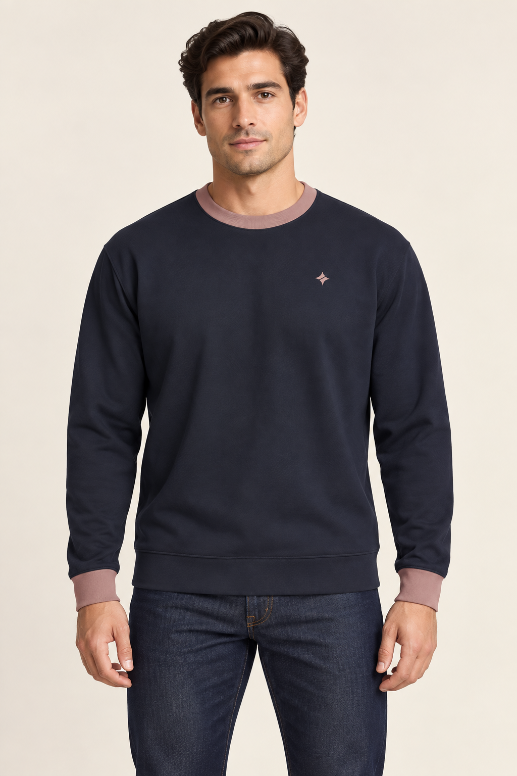 Ink Rosewood men's sweatshirt — front AI styling illustration
