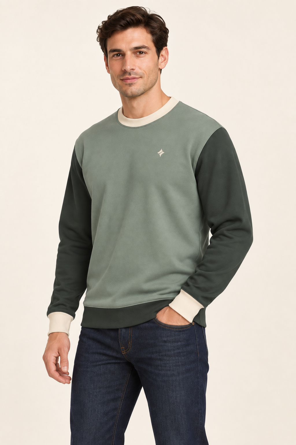 Mineral Sage men's sweatshirt — three-quarter AI styling illustration